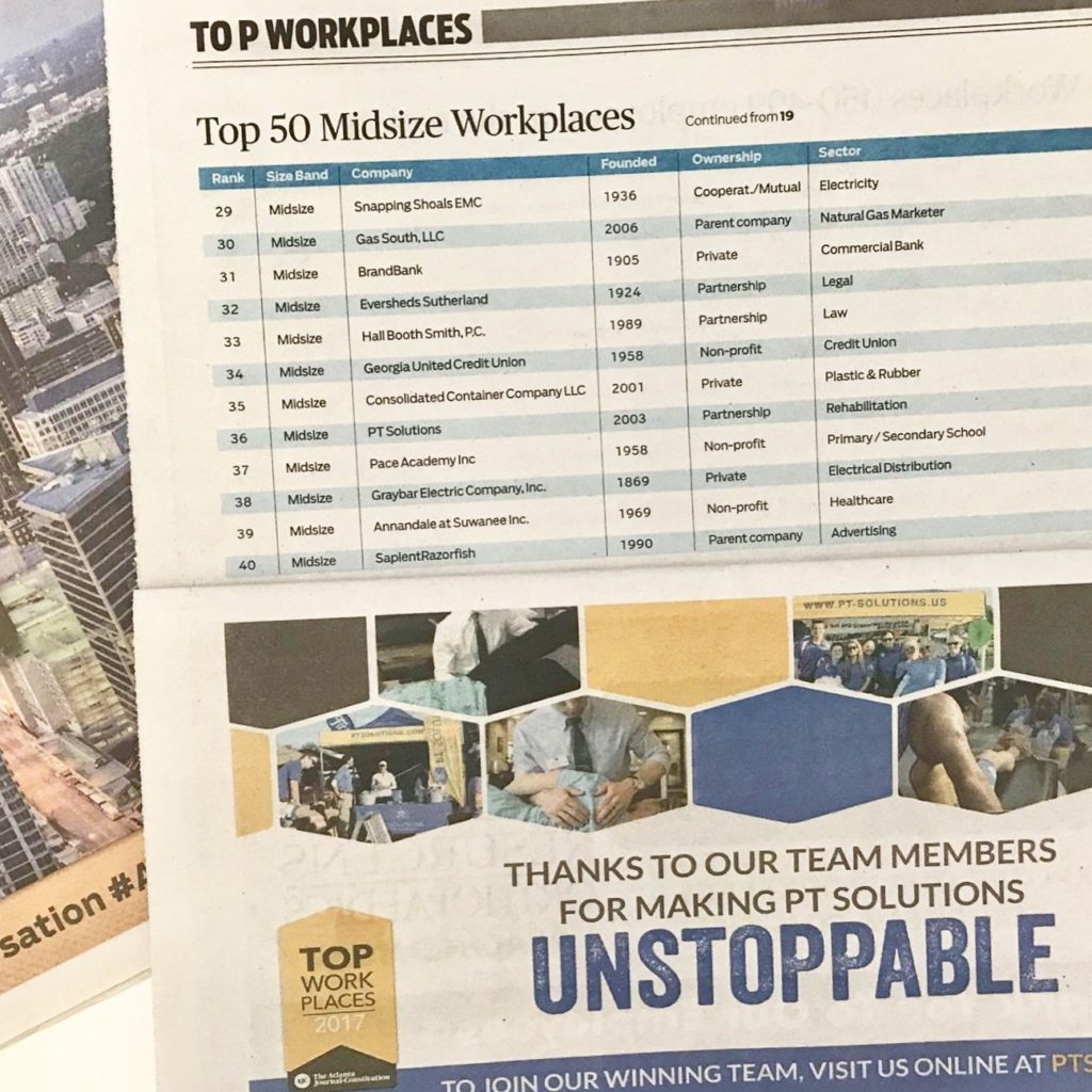 PT Solutions named among the Atlanta Journal-Constitution’s Top Workplaces