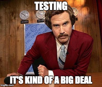 Rob Burgundy meme saying "testing, it's kind of a big deal"