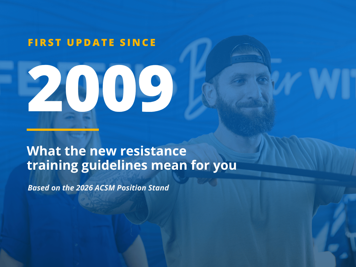 A man trains with a resistance band while a PT Solutions team member looks on. Text reads: First update since 2009 — what the new resistance training guidelines mean for you. Based on the 2026 ACSM Position Stand.